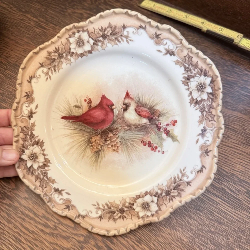 Title Set 4 Susan Winget Cracker Barrel Cardinal Salad Plates Winter Stoneware